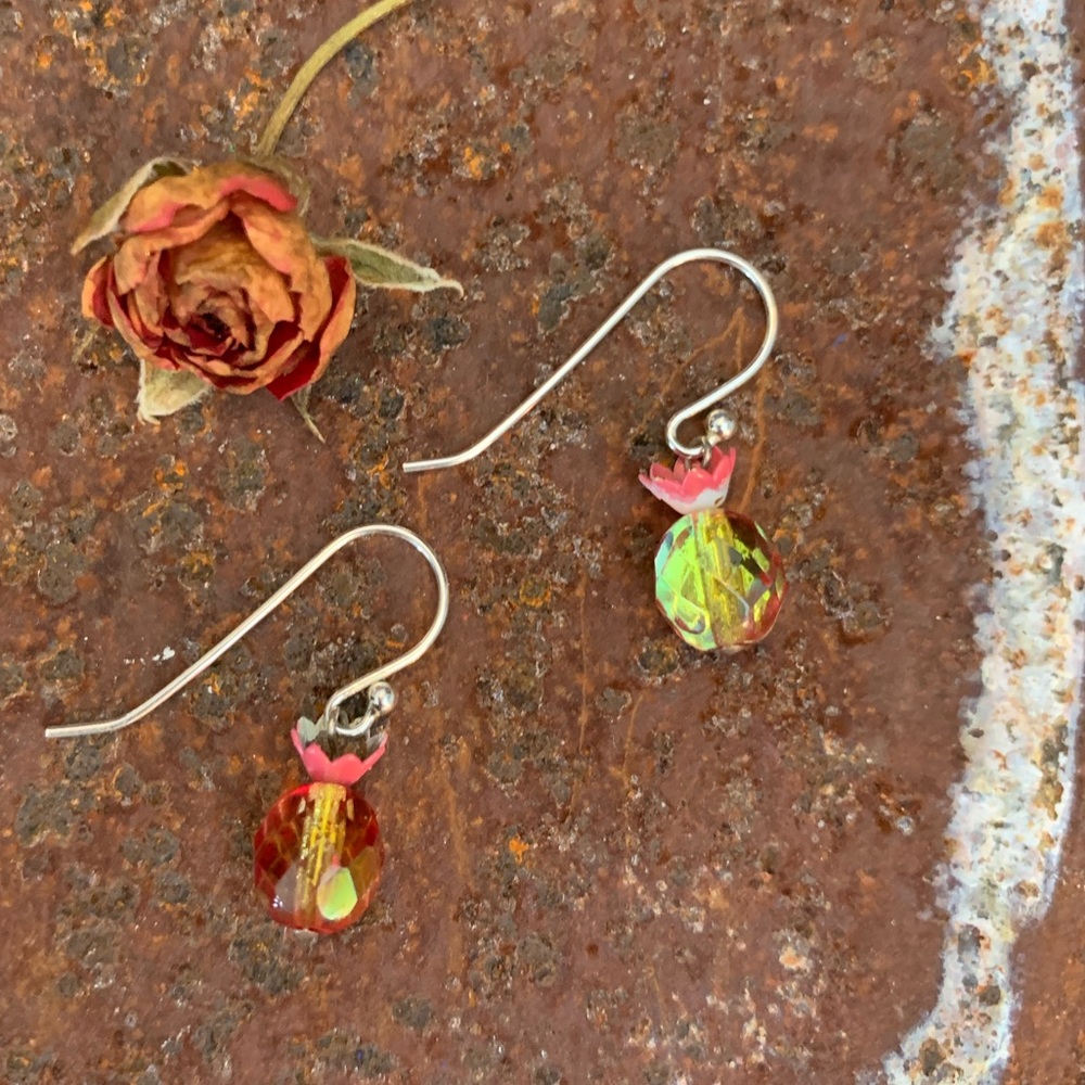 Pineapple Earrings Czech Fired Pink Yellow